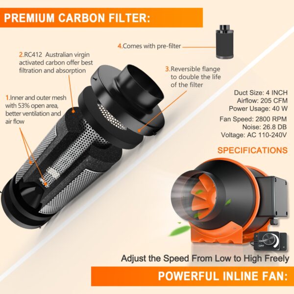 4 inch inline fan and carbon filter